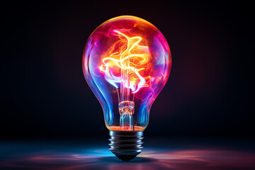 leuchtende Gl&uuml;hbirne in Neon Farben mit dunklem Hintergrund. Generative Ai.