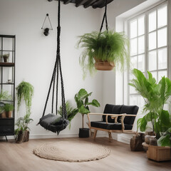 Cozy rope swing in living room with green houseplants in flower pot and black vintage chest of drawers. Comfort room with furniture in house with modern interior design