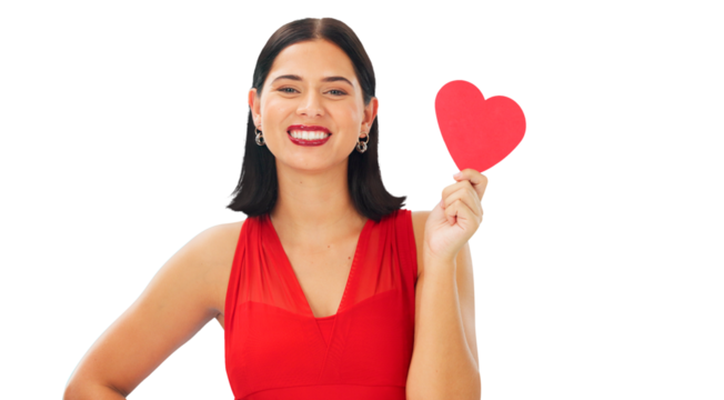 Woman, red paper heart and portrait for love, support and isolated on a transparent png background. Face of happy female model with emoji sign, shape and icon for romance, kindness and valentines day