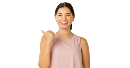 Portrait, pointing and marketing with a brand ambassador woman isolated on a transparent background. Smile, contact and information with a happy young female person on PNG for product promotion