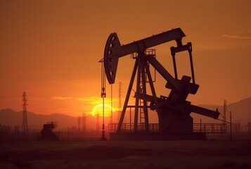Crude oil pumpjack rig on desert silhouette in evening sunset, energy industrial machine for petroleum gas production background. generative ai