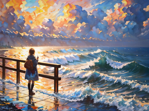 Coast waves at sunrise impressionism AI art