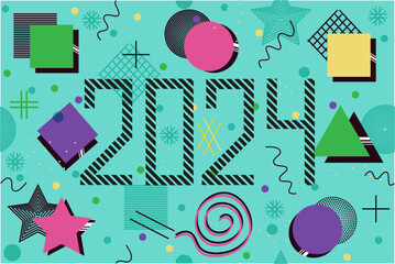 2024 Calendar cover template with Trendy geometric shapes. Design for New Year banner with trippy geometrical form. New Year concept. Vector illustration.
