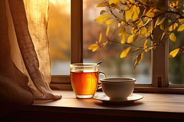 A mug of tea perfect for the autumn season, enjoyed by the window. A warm beverage to combat the chilly, rainy days of autumn. Embracing the ambiance of autumn and the comfortable feeling of being at - obrazy, fototapety, plakaty
