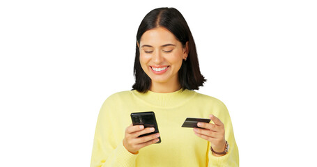Happy woman, phone and credit card for online payment, shopping or ecommerce isolated on a...