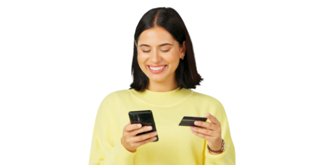 Happy woman, phone and credit card for online payment, shopping or ecommerce isolated on a transparent PNG background. Excited female person in fintech transaction or banking app on mobile smartphone