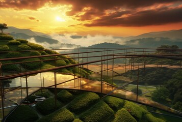 glass bridge over the tea garden with sunset view in the evening. generative ai