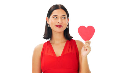 Woman, red paper heart and smile for love, support and isolated on a transparent png background. Face of female model thinking with emoji sign, shape and icon for romance, kindness and valentines day
