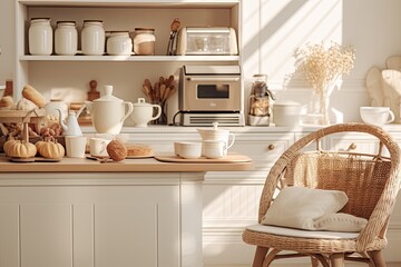 Fototapeta na wymiar A modern kitchen with a contemporary design showcases a basket filled with fresh croissants and cups of tea. The background features stylish kitchen appliances and decor. The concept highlights the