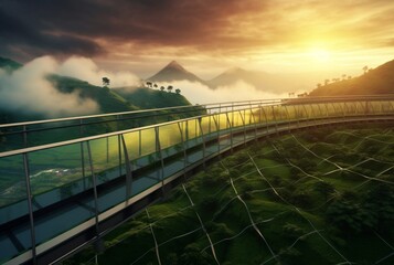 glass bridge over the tea garden with sunset view in the evening. generative ai