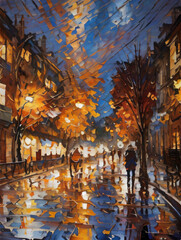 Rainy streets impressionism AI generated - obrazy, fototapety, plakaty