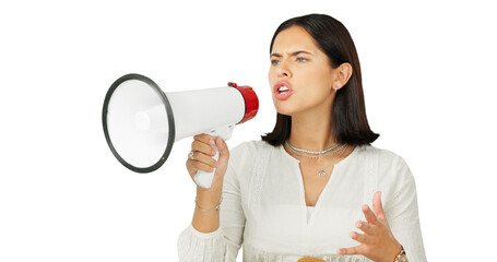 Woman voice, megaphone and protest for news, broadcast and frustrated isolated on transparent png...