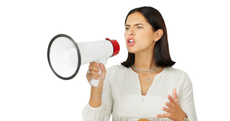 Woman voice, megaphone and protest for news, broadcast and frustrated isolated on transparent png background. Person with announcement, call to action and speech for human rights or gender equality