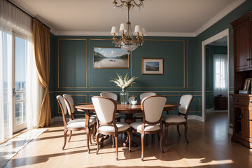 Fototapeta premium generative ai illustration. Soothing Atmosphere of the Guest Lounge dining room interior design