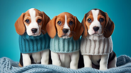 
Three cute dogs are sitting in knitted scarves.
