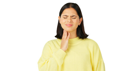 Woman, pain and sick health in throat with flu, infection and cold virus while isolated on...