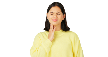 Woman, pain and sick health in throat with flu, infection and cold virus while isolated on transparent png background. Female model massage neck for medical risk, allergy and itchy voice from thyroid