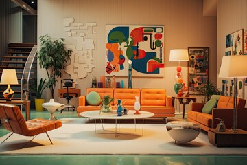A living room interior styled in the fashion of the 1960s, characterized by retro and vibrant elements.