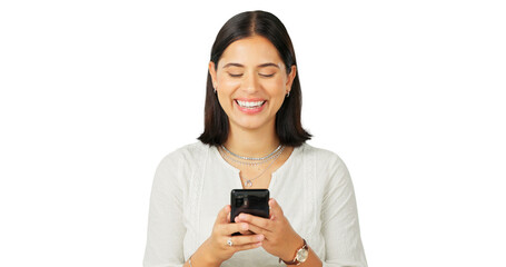 Woman, smile and typing with phone for contact, funny chat and isolated on transparent png...