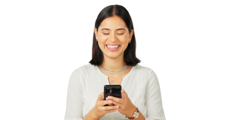 Woman, smile and typing with phone for contact, funny chat and isolated on transparent png background. Happy model, smartphone user and download mobile app, reading social media notification and meme