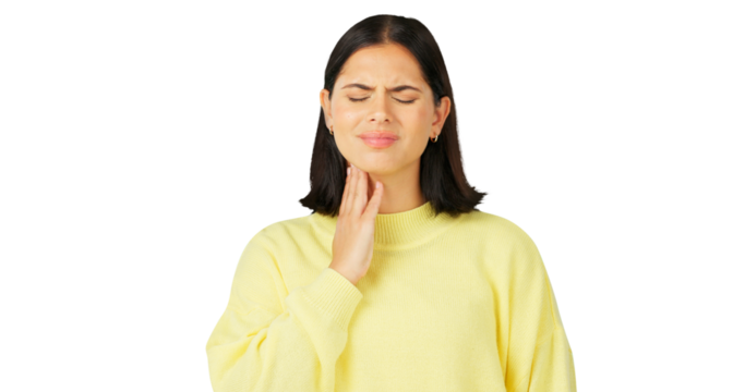 Woman, pain and sick health in throat with flu, infection and cold virus while isolated on transparent png background. Female model massage neck for medical risk, allergy and itchy voice from thyroid