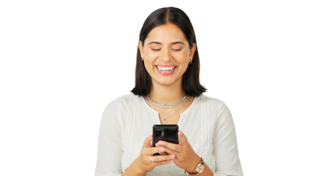 Woman, smile and typing with phone for contact, funny chat and isolated on transparent png background. Happy model, smartphone user and download mobile app, reading social media notification and meme