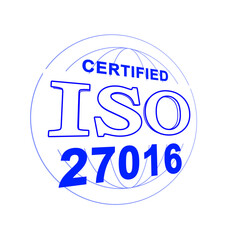 An illustration of ISO 27016 certification, like a stamp, in perspective. White background.