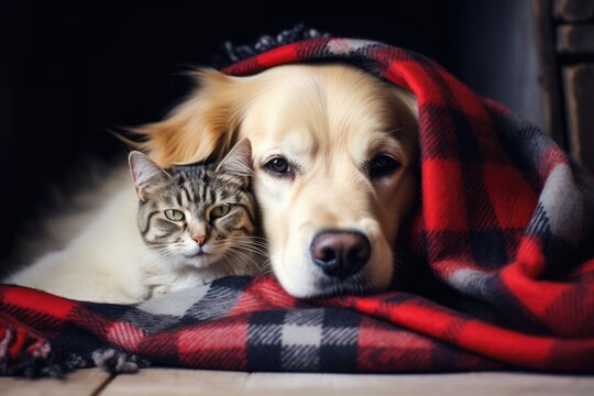 A dog and a cat snuggle together, finding warmth beneath a cozy plaid blanket during the chilly autumn weather.