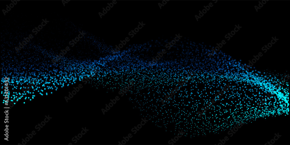 Poster abstract random dot particles light wavy flowing blue and green gradient curve shape isolated on bla