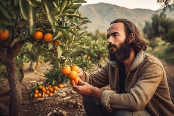 Gardener harvesting the ripe orange fruit at orange trees on organic fruit farm, AI generated