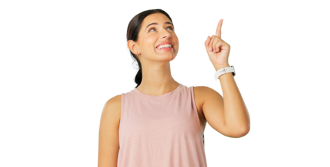 Happy woman, pointing up and presentation for announcement, news or advertising isolated on transparent png background. Young person with hand to show creative information, idea or did you know