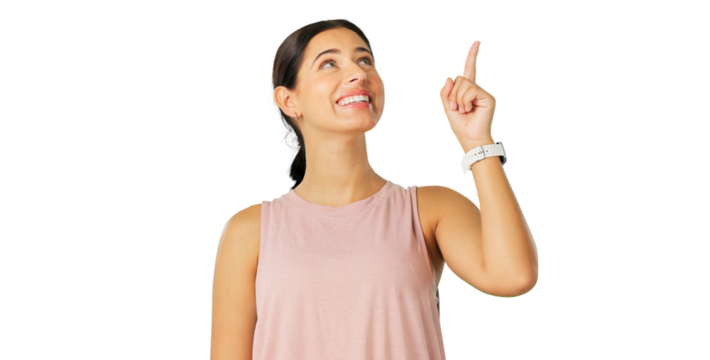 Happy woman, pointing up and presentation for announcement, news or advertising isolated on transparent png background. Young person with hand to show creative information, idea or did you know