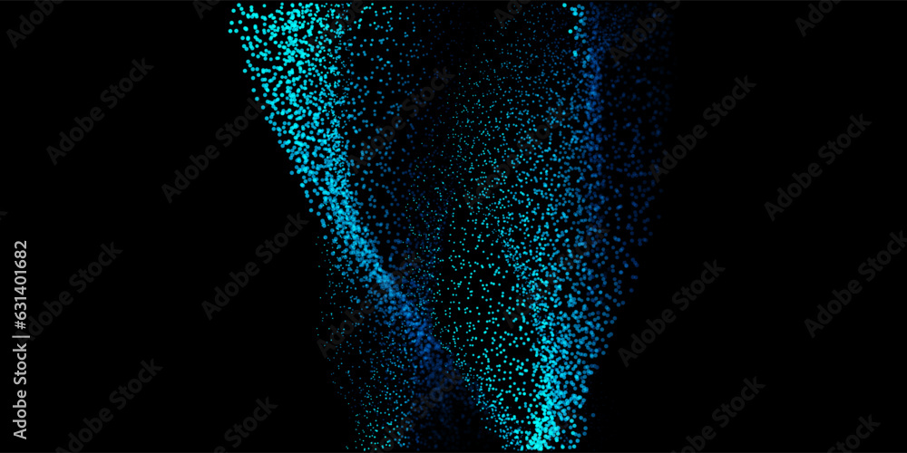 Aufkleber abstract random dot particles light wavy flowing blue and green gradient curve shape isolated on bla