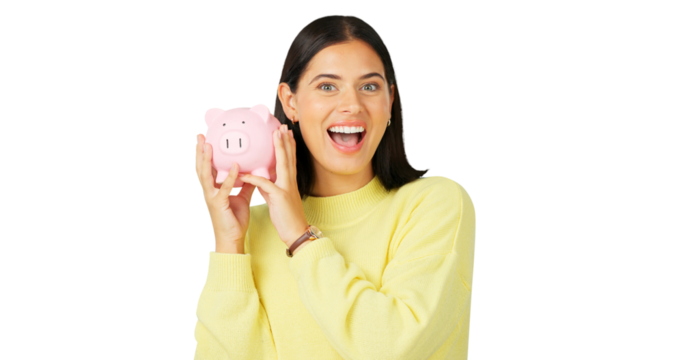 Portrait, piggy bank and woman with savings, investment and budget isolated on a transparent background. Face, person and model with money, investment and financial payment with png and profit growth
