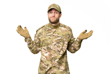 Military man over isolated chroma key background having doubts while raising hands