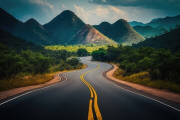 Fototapeta premium Empty road winds through a nature landscape, AI generated