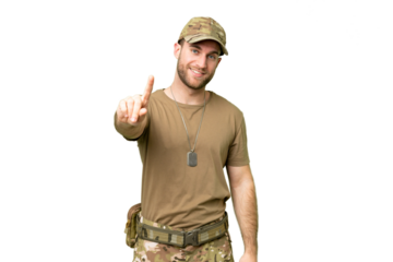 Military with dog tag over isolated chroma key background showing and lifting a finger