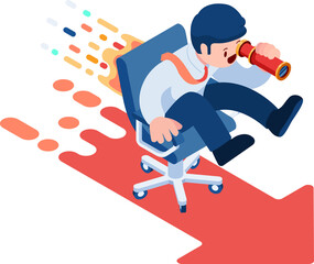 Isometric Businessman on Office Chair Looking for Career Opportunity