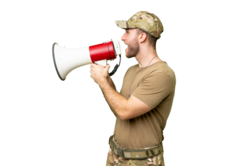 Military with dog tag over isolated chroma key background shouting through a megaphone