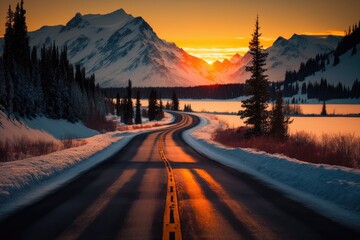 Empty road winds through a winter landscape, AI generated