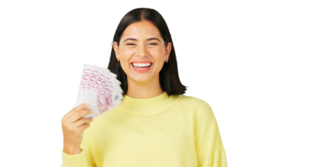 Happy woman, cash and money fan for winning, lottery or prize isolated on a transparent PNG background. Portrait of excited female person in celebration for profit, investment or financial freedom