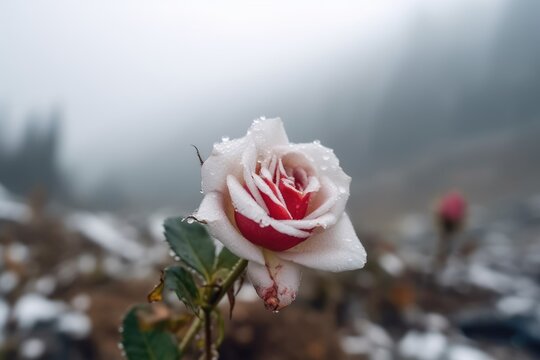 Rose with snow over it on the mountain, winter, AI generated