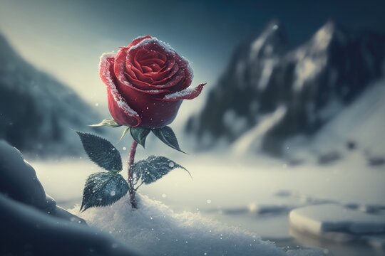 Rose with snow over it on the mountain, winter, AI generated