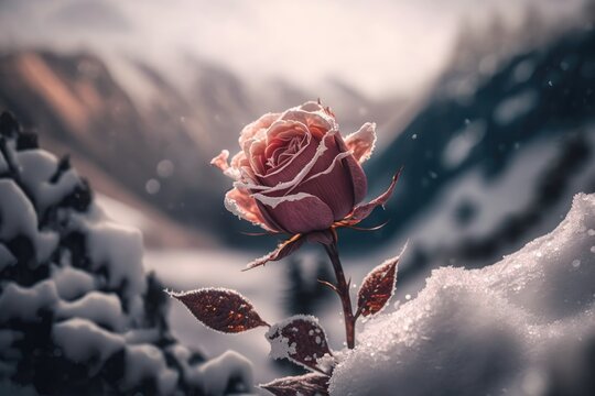 Rose with snow over it on the mountain, winter, AI generated