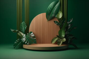 Cosmetics product advertising stand exhibition wooden podium on green background with leaves