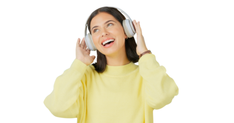 Excited, listening and woman with headphones for music isolated on a transparent png background. Media, happy and person streaming radio, podcast and hearing audio, jazz sound and dancing for freedom