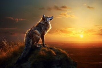 wolf on the hill with sunset view in the evening. generative ai