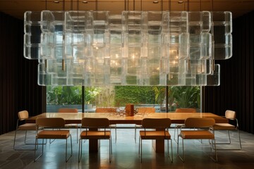 A dining space furnished with chairs and a central chandelier constructed from transparent glass blocks.