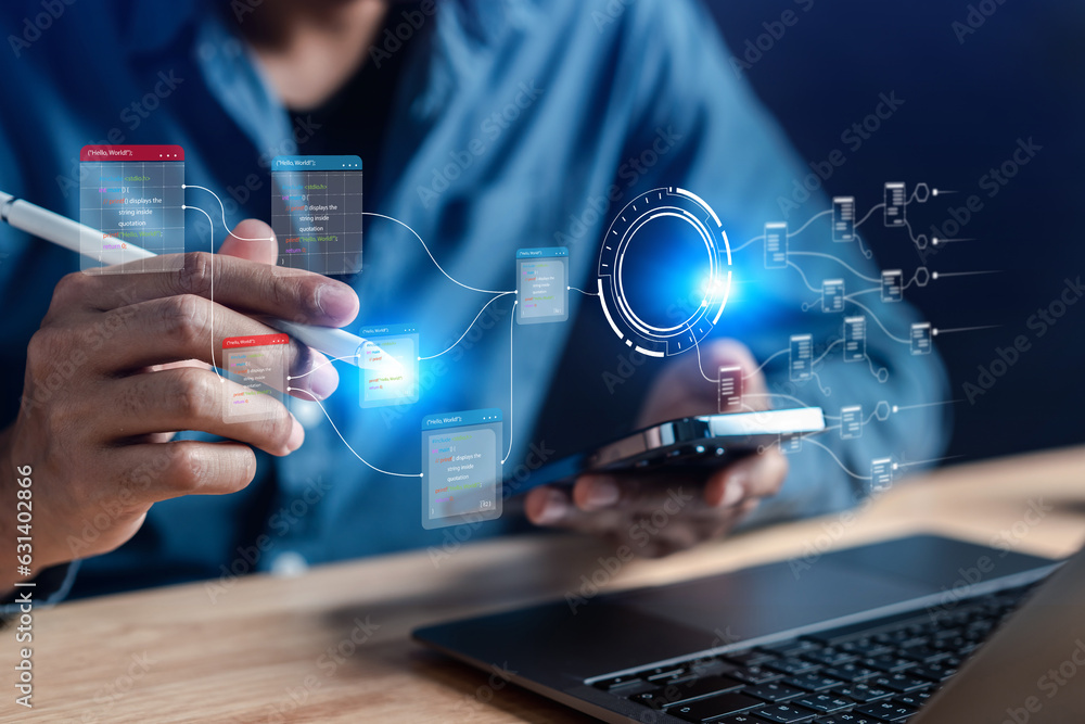 Aufkleber Businessman using ai technology for data analytics, Artificial Intelligence generate. Futuristic technology, robot in online system. Business in future to invest and develop corporate concept.
