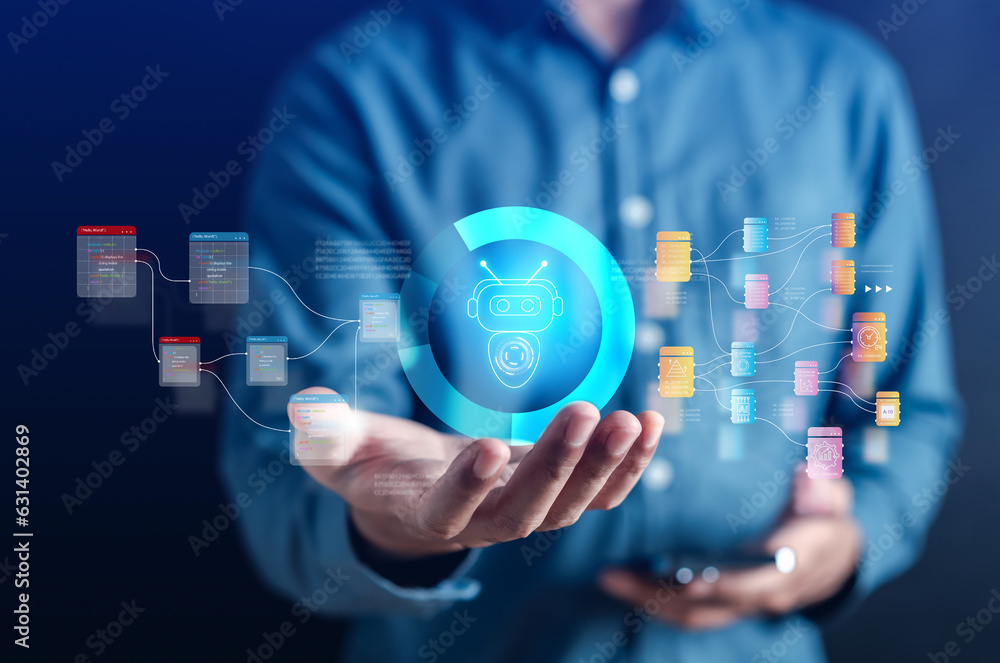 Aufkleber Businessman using ai robot technology for data analytics, Artificial Intelligence generate. Futuristic technology, robot in online system. Business in future to invest and develop corporate concept.
